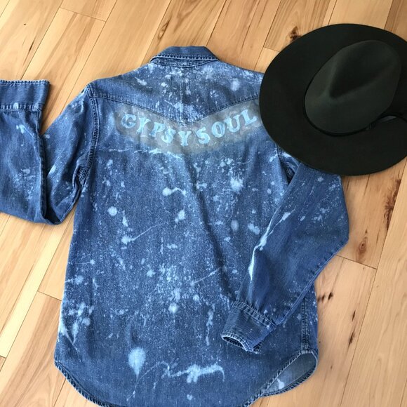 Upcycled Bleach Distressed Denim Shirt, GAP Medium:  Gypsy Soul Snap Closure Top - Picture 5 of 10